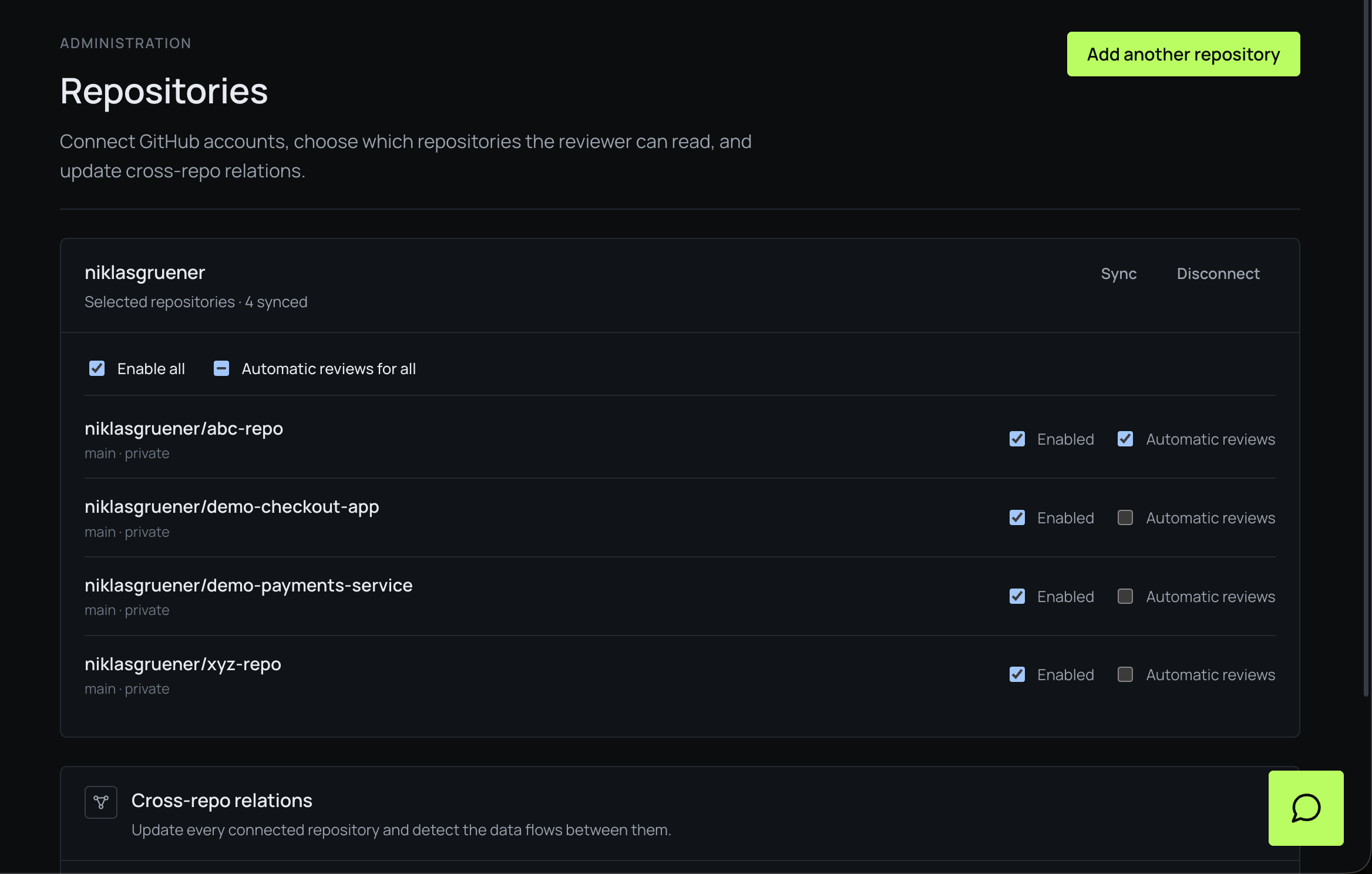 The Repositories page with Enabled and Automatic reviews checkboxes per repository