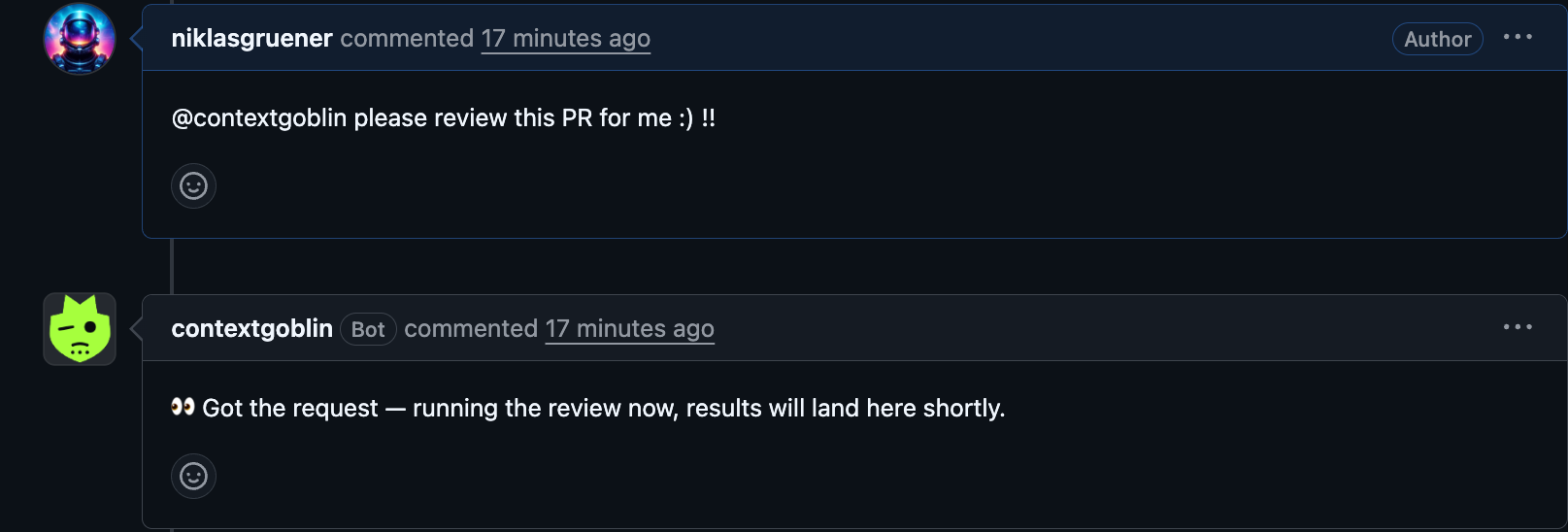 A pull request comment mentioning @contextgoblin, and the bot replying that it got the request