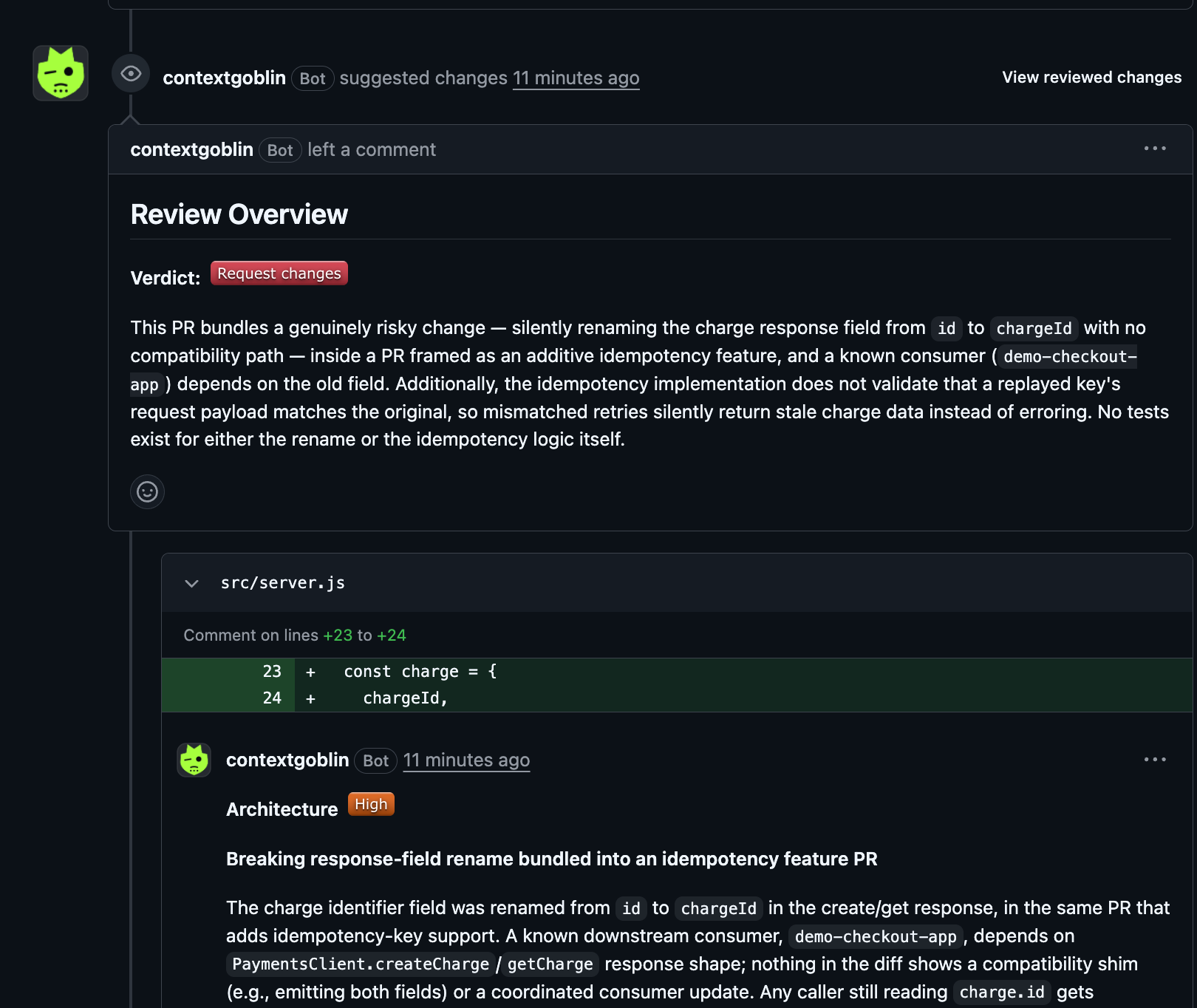 The Review Overview comment on a pull request, with a Request changes verdict and an inline finding below it
