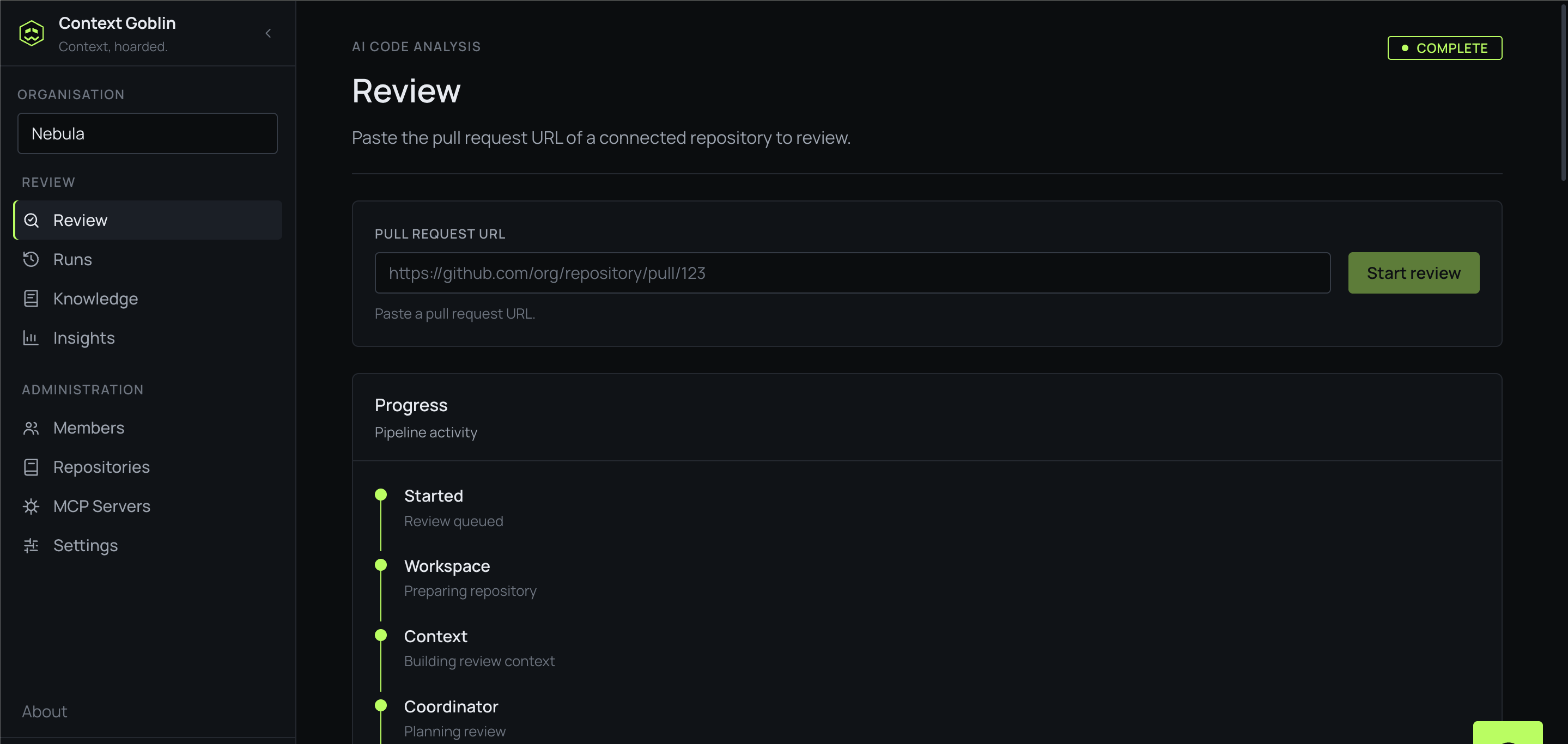 The Review page with a pull request URL field, a Start review button and the pipeline running below it