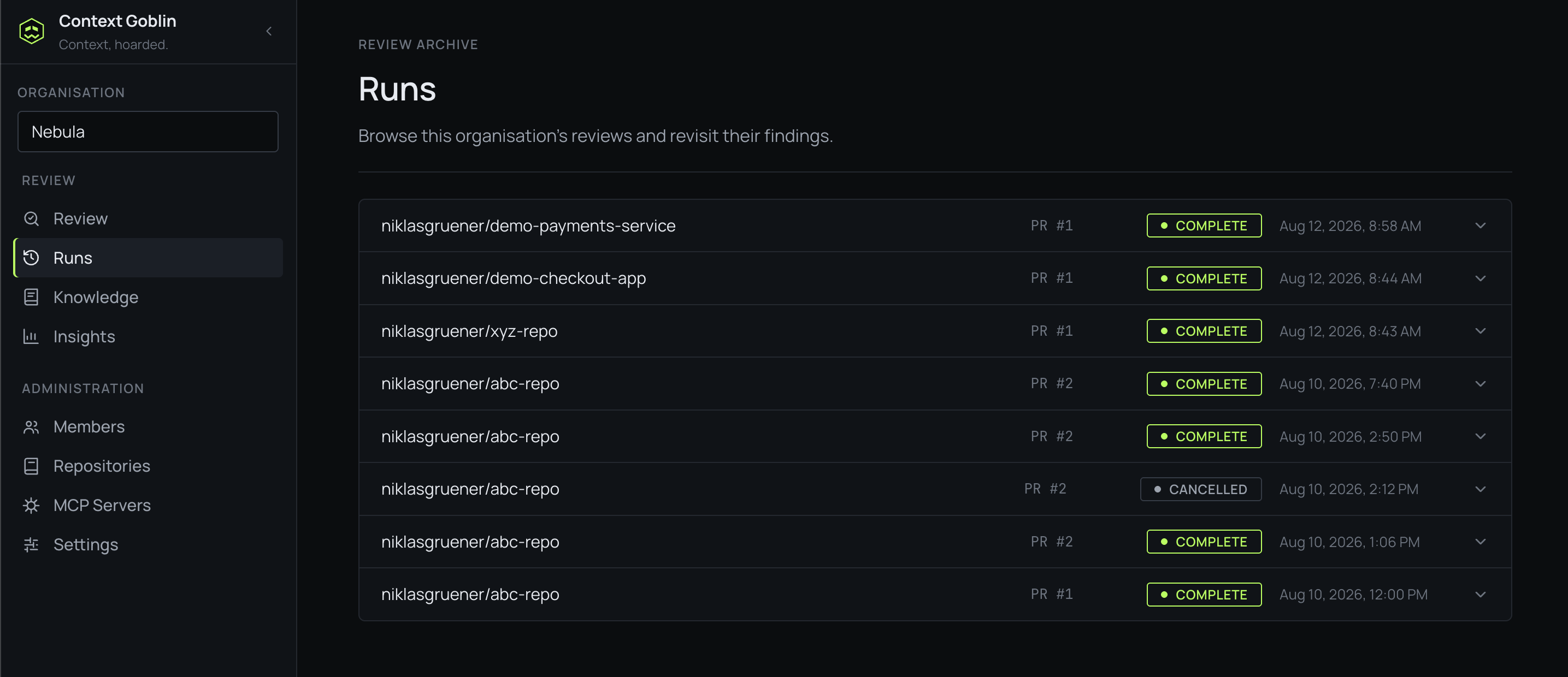 The Runs page listing past reviews with their repository, pull request number, status and time