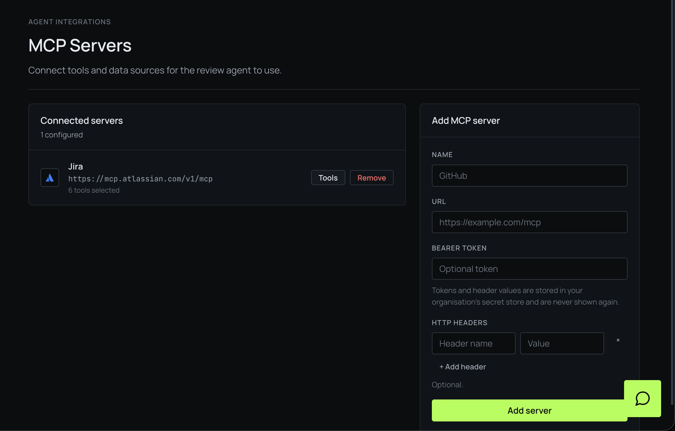 The MCP Servers page with a connected Jira server and the form for adding another one