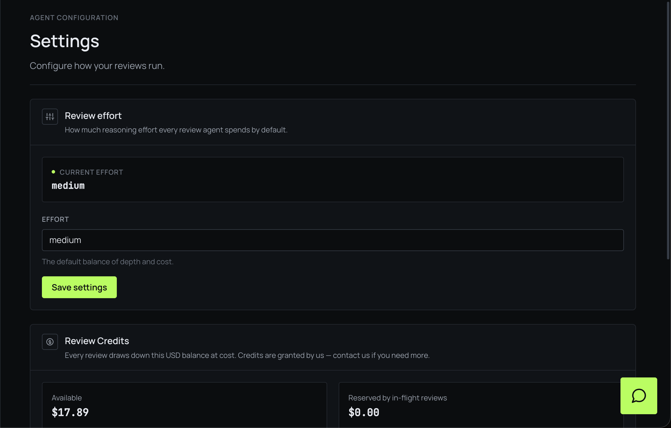 The Settings page showing review effort and the Review Credits balance