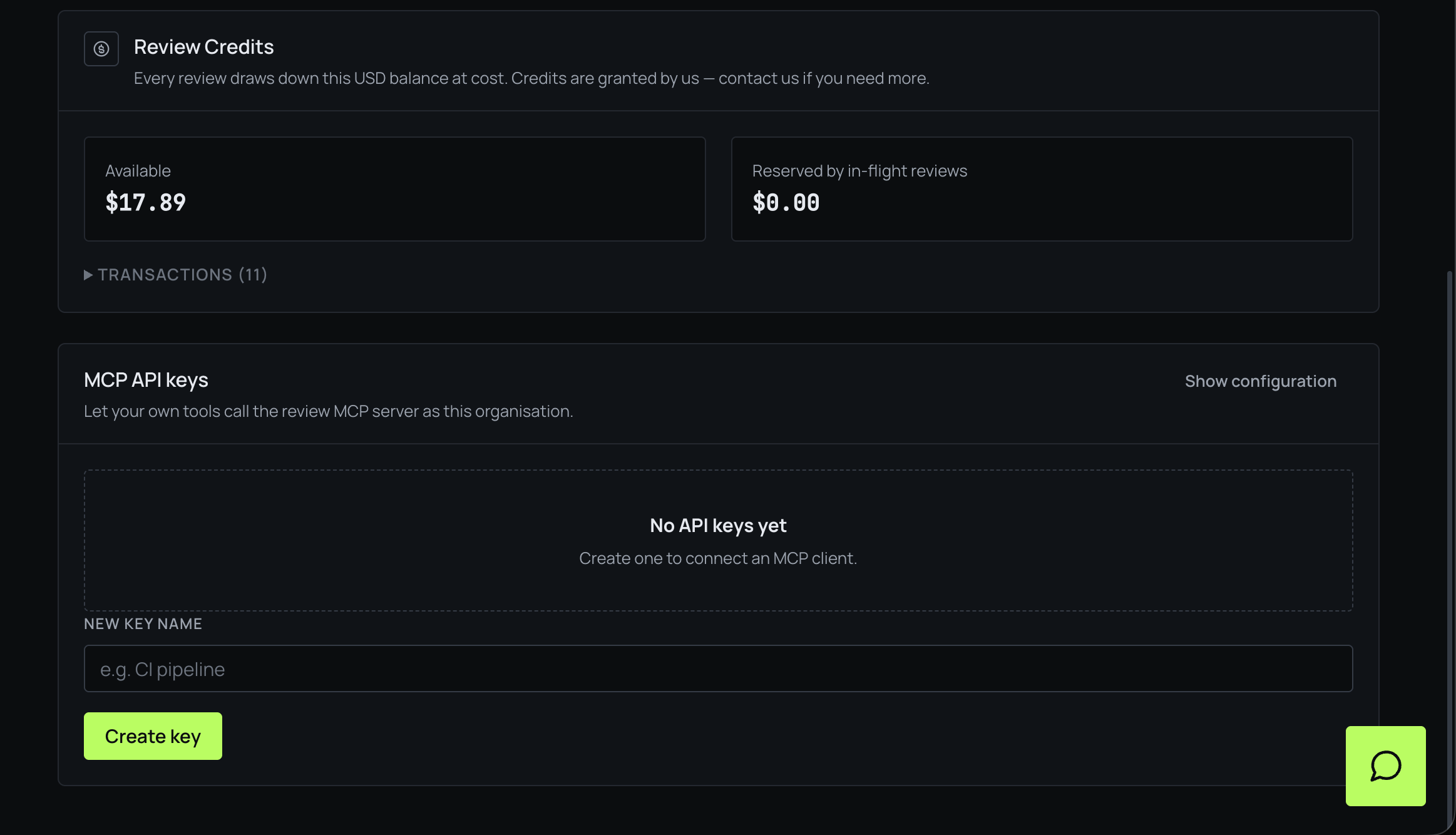 The MCP API keys card on the Settings page with a field for naming a new key