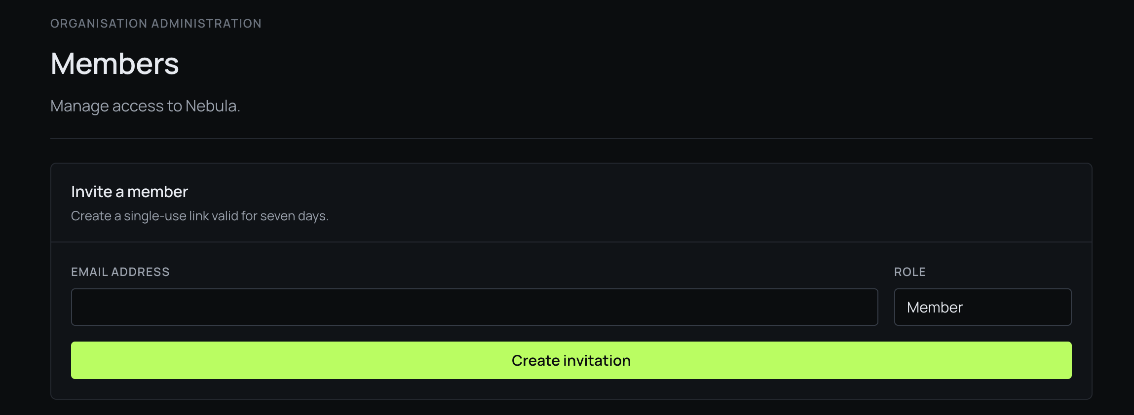 The Members page with the Invite a member card, an email address field and a role selector